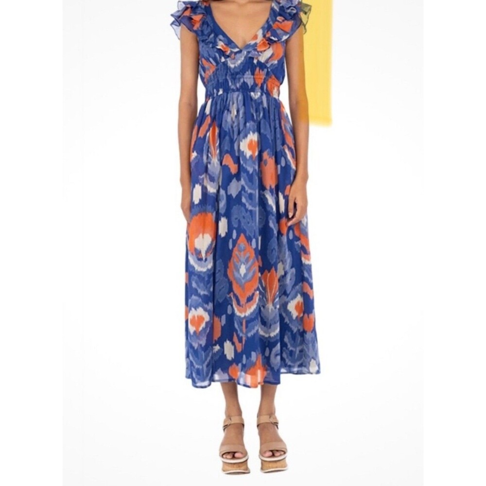 Banjanan Maxi Dress Women’s Size S Blue Orange Sleeveless Exposed Zipper Vneck